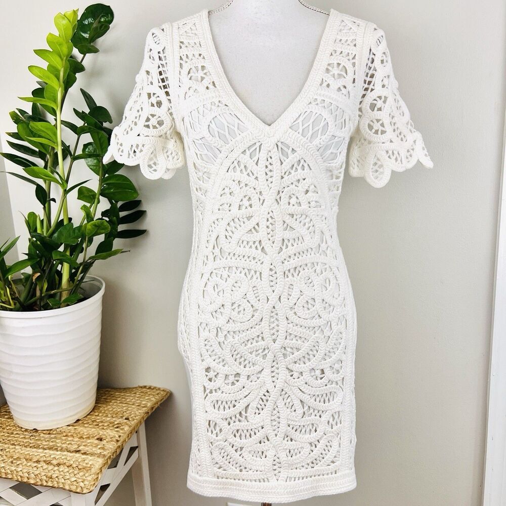 French Connection White Crochet Mesi Macrame Lace Jersey Dress Boho Festival XS